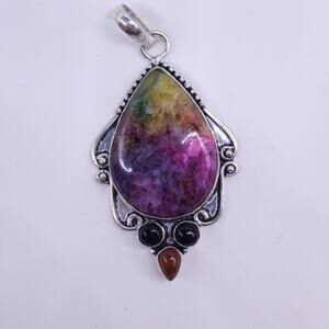 Stunning Oval Rainbow Titanium Druzy Gemstone Pendant in Sterling Silver
